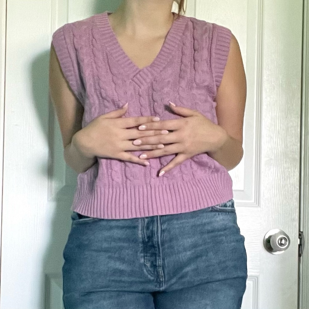 purple cable-knit sweater vest